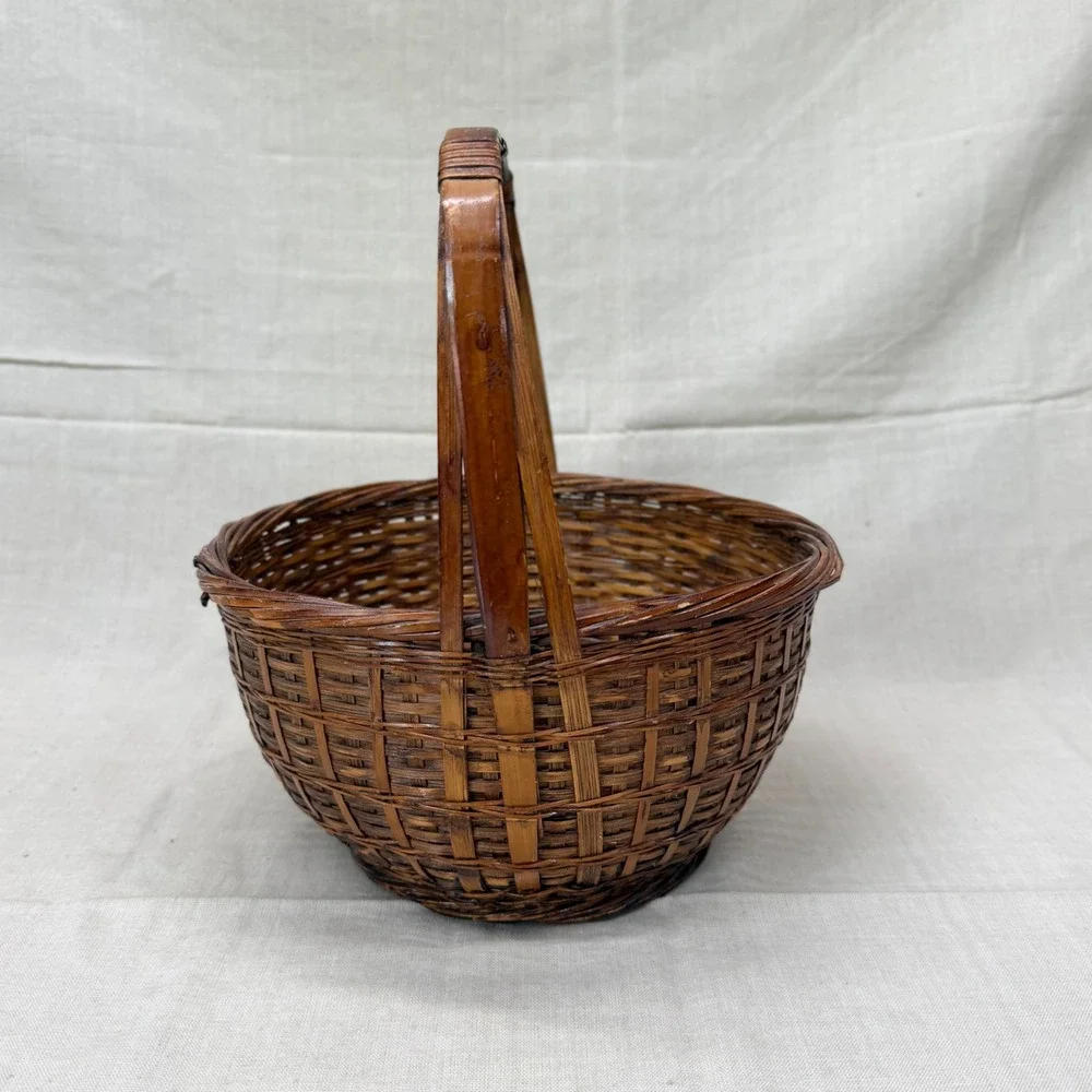 Vintage Woven Bamboo Gathering Basket with Handle Brown Rustic Farmhouse Decor